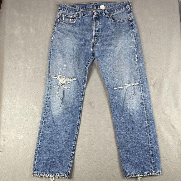VTG Levi's 501 Jeans Men's 36 X 32 Blue Denim Cotton Mid-Rise Distressed Zip Fly